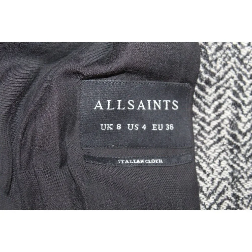 All Saints Aren Coat Size 4 Wool Hepburn Steampunk Modern Minimalist Herringbone - Picture 6 of 11